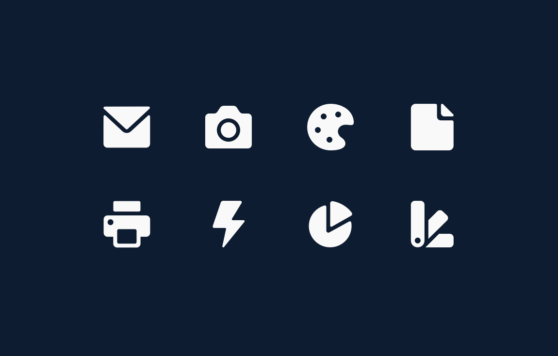 Utility icons—email, camera, palette, page, print, connected apps, chart, color swatch