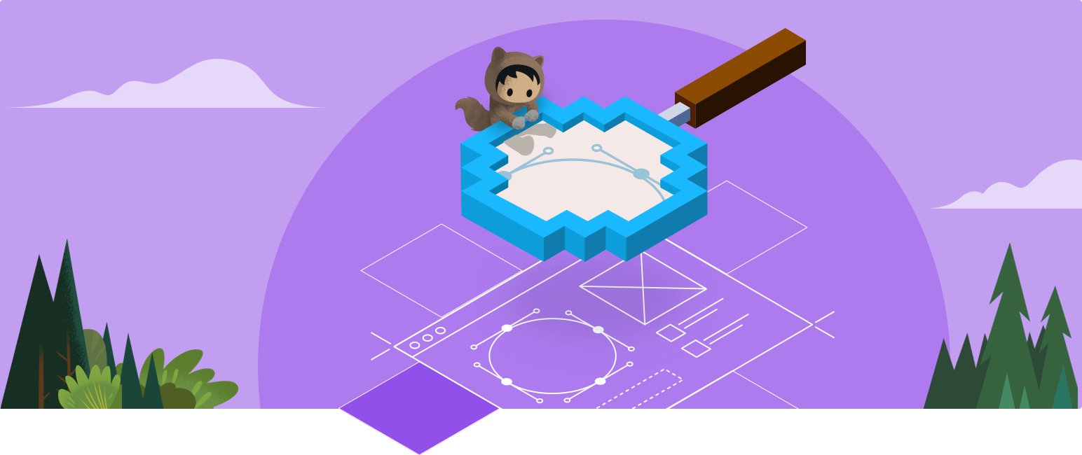 Astro at the edge of an oversized magnifying glass, looking at technical blueprints below